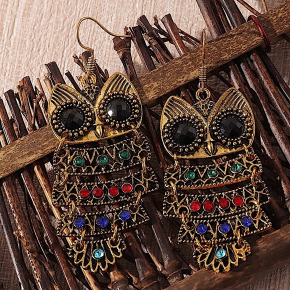 2 FOR $20 Vintage Gold Multicolor Rhinestone Owl Earrings - Picture 4 of 7
